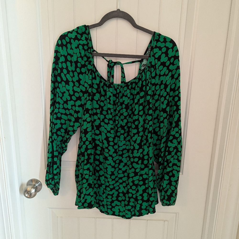 Women's Ava & Viv Balloon Long Sleeve Blouse 2x Green Polka Dots